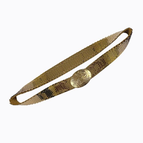 Vintage Metallic Gold Fish Scale Belt Lg-1X Slinky Stretch Oval Floral Buckle - Picture 1 of 9